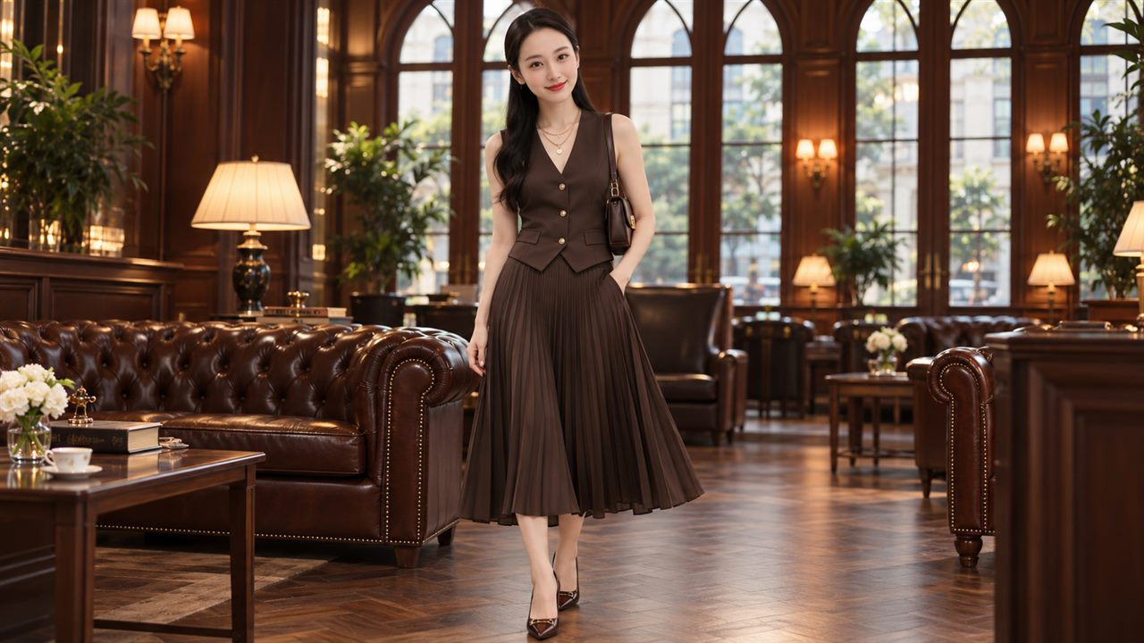 Kim Dung trong bộ vest nâu tại sảnh gỗ cổ điển